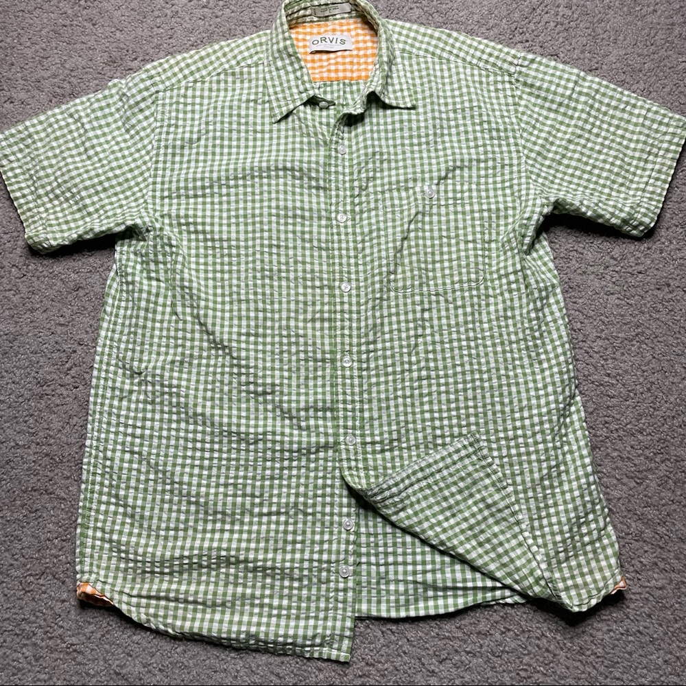 Orvis Short Sleeve Shirt Soft Cotton Check Green Mens Large